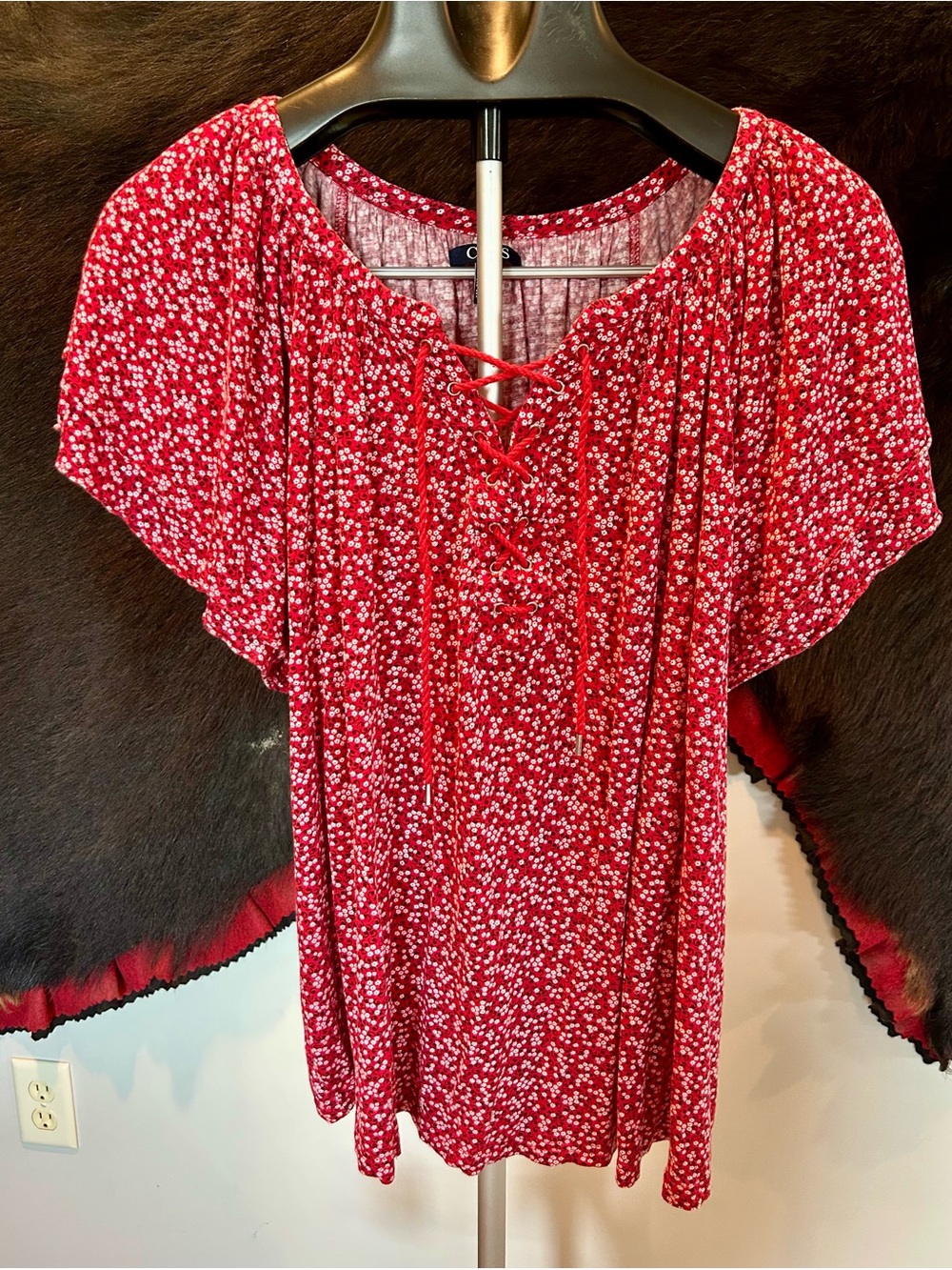 Chaps Red Floral Lace-Up Flutter Sleeve Tunic Lightweight Sz 1X